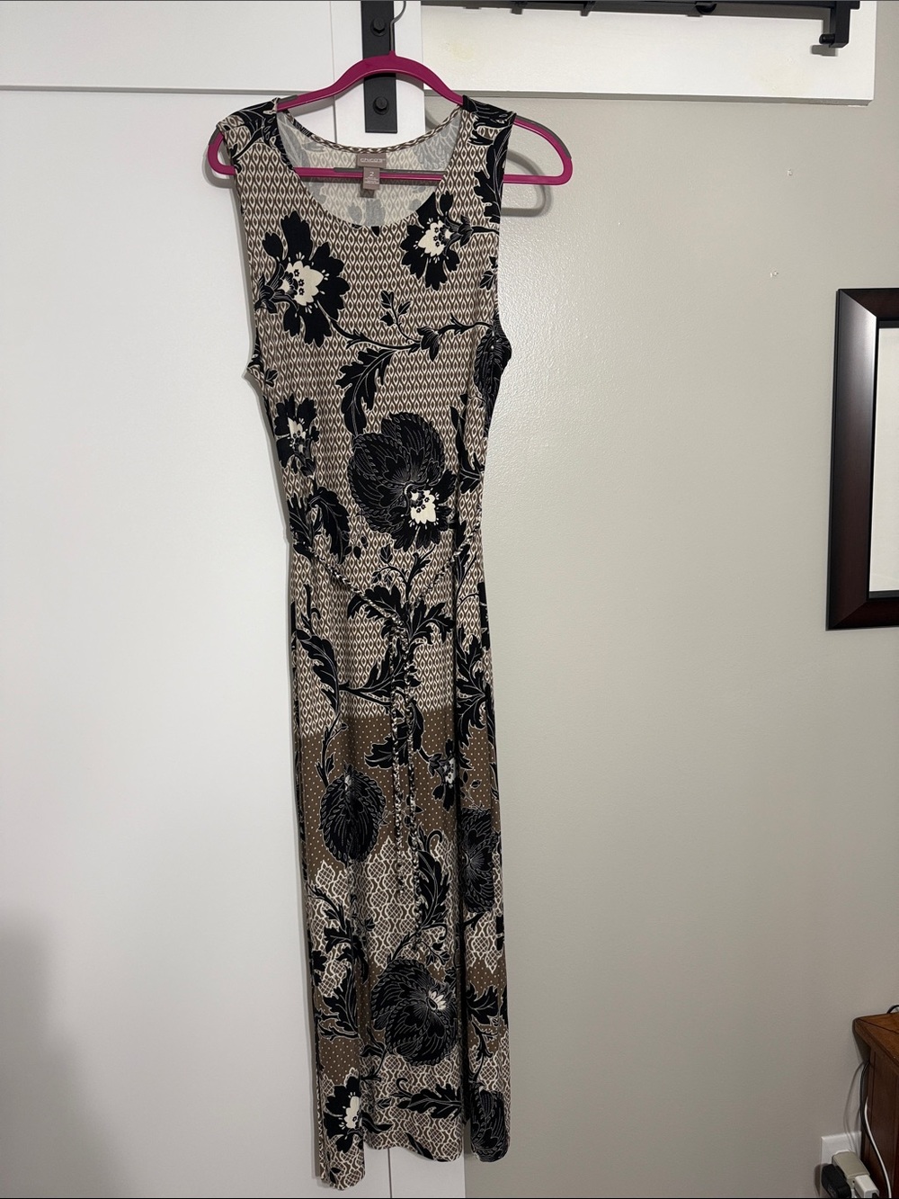 Chico's Sleeveless Floral Maxi Dress in Black and Tan